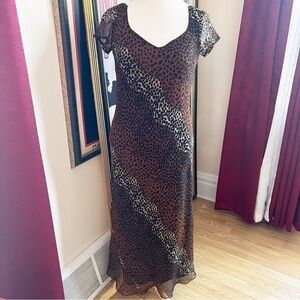 Bam!: Mixed Black  Brown Tan Animal Print Cap Sleeve Flowy Sweetheart Neck Dress